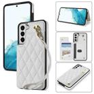 For Samsung Galaxy S22 5G Rhombic Dual Buckle Card Slots Phone Case with Lanyard(White) - 1