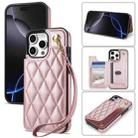 For iPhone 16 Pro Max Rhombic Dual Buckle Card Slots Phone Case with Lanyard(Rose Gold) - 1