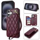 For iPhone 16 Plus Rhombic Dual Buckle Card Slots Phone Case with Lanyard(Wine Red) - 1