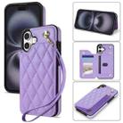 For iPhone 16 Plus Rhombic Dual Buckle Card Slots Phone Case with Lanyard(Purple) - 1