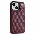 For iPhone 15 Plus Rhombic Dual Buckle Card Slots Phone Case with Lanyard(Wine Red) - 2