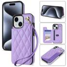 For iPhone 15 Plus Rhombic Dual Buckle Card Slots Phone Case with Lanyard(Purple) - 1