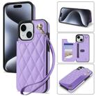 For iPhone 13 / 14 Rhombic Dual Buckle Card Slots Phone Case with Lanyard(Purple) - 1