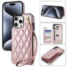 For iPhone 11 Pro Max Rhombic Dual Buckle Card Slots Phone Case with Lanyard(Rose Gold) - 1