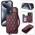 For iPhone 11 Rhombic Dual Buckle Card Slots Phone Case with Lanyard(Wine Red) - 1