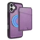 For iPhone 16 Plus Skin Feel Detachable Card Bag Magsafe Phone Case(Purple) - 1