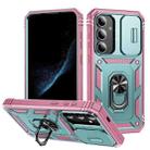 For Samsung Galaxy S25 5G Sliding Camshield TPU Hybrid PC Phone Case with Holder(Green+Pink) - 1