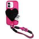 For iPhone 16 Plus Creative Plush Heart Design Phone Case with Lanyard(Rose Red) - 1