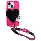 For iPhone 15 Plus Creative Plush Heart Design Phone Case with Lanyard(Rose Red) - 1