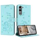 For Fujitsu Arrows We2 F-52E Embossed Kitten Phone Leather Case with Lanyard(Mint Green) - 1