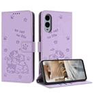 For Fujitsu Arrows We2 Plus F-51E Embossed Kitten Phone Leather Case with Lanyard(Purple) - 1