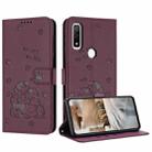 For Fujitsu Arrows We F-51B Embossed Kitten Phone Leather Case with Lanyard(Wine Red) - 1