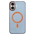 For iPhone 16 Contrast Color Imitation Wood Texture MagSafe Phone Case(Sky Blue) - 1