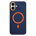 For iPhone 16 Contrast Color Imitation Wood Texture MagSafe Phone Case(Navy Blue) - 1