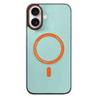 For iPhone 16 Contrast Color Imitation Wood Texture MagSafe Phone Case(Light Cyan) - 1