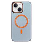 For iPhone 14 Contrast Color Imitation Wood Texture MagSafe Phone Case(Sky Blue) - 1