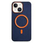 For iPhone 14 Contrast Color Imitation Wood Texture MagSafe Phone Case(Navy Blue) - 1