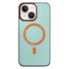 For iPhone 14 Contrast Color Imitation Wood Texture MagSafe Phone Case(Light Cyan) - 1