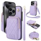 For iPhone 15 Pro Max AwQuer Crossbody Zipper Wallet Bag Litchi Leather Phone Case(Light Purple) - 1