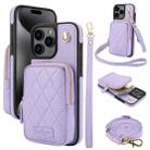 For iPhone 15 Pro AwQuer Crossbody Zipper Wallet Bag Litchi Leather Phone Case(Light Purple) - 1