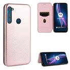 For Motorola Moto One Fusion Plus Carbon Fiber Texture Horizontal Flip TPU + PC + PU Leather Case with Rope & Card Slot(Pink) - 1