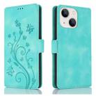 For iPhone 15 Plus Dreamy Butterfly Love Flower Embossed Leather Phone Case(Green) - 1