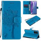 For Samsung Galaxy Note20 Tree & Cat Pattern Pressed Printing Horizontal Flip PU Leather Case with Holder & Card Slots & Wallet & Lanyard(Blue) - 1