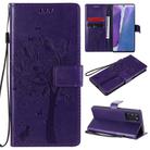 For Samsung Galaxy Note20 Tree & Cat Pattern Pressed Printing Horizontal Flip PU Leather Case with Holder & Card Slots & Wallet & Lanyard(Purple) - 1