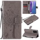 For Samsung Galaxy Note20 Tree & Cat Pattern Pressed Printing Horizontal Flip PU Leather Case with Holder & Card Slots & Wallet & Lanyard(Grey) - 1