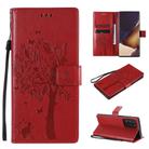 For Samsung Galaxy Note20 Ultra Tree & Cat Pattern Pressed Printing Horizontal Flip PU Leather Case with Holder & Card Slots & Wallet & Lanyard(Red) - 1
