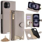 For iPhone 16 Crossbody Chain Fishtail Litchi Leather Phone Case(Grey) - 1