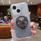 For iPhone 15 Plus Mirror Butterfly Holder Glitterr MagSafe Phone Case(Black) - 1