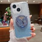 For iPhone 15 Plus Mirror Butterfly Holder Glitterr MagSafe Phone Case(Blue) - 1