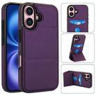 For iPhone 16 Tri-fold Holder Leather Phone Case with Card Slot(Dark Purple) - 1