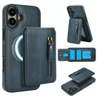 For iPhone 16 Zipper Wallet Split MagSafe Leather Back Phone Case(Blue) - 1