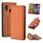 For Samsung Galaxy A20 Strong Magnetism Liquid Feel Horizontal Flip Leather Case with Holder & Card Slots & Wallet(Brown) - 1