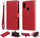 For Samsung Galaxy M11 / A11 2 in 1 Solid Color Detachable PU Leather Case with Card Slots & Magnetic Holder & Photo Frame & Wallet & Strap(Red) - 1