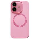 For iPhone 11 Small Window Acrylic Glass Lens MagSafe Silicone Phone Case(Rose Pink) - 1