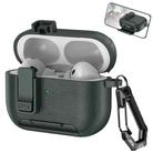 For AirPods Pro 2 Leather Texture Wireless Earphones Case with Hook & Holder(Army Green) - 1