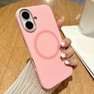 For iPhone 16 Plus Metal Frame Liquid Silicone MagSafe Phone Case(Peach Pink) - 2