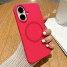 For iPhone 16 Metal Frame Liquid Silicone MagSafe Phone Case(Rose Red) - 2