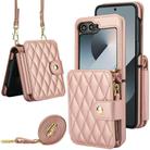 For Samsung Galaxy Z Flip5 Crossbody Rhombus Wallet Bag Folding Phone Case with Lanyard(Rose Gold) - 1