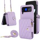 For Samsung Galaxy Z Flip4 Crossbody Rhombus Wallet Bag Folding Phone Case with Lanyard(Light Purple) - 1