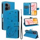 For Honor 400 Global 156.5mm Cat and Bee Embossed Flip Leather Phone Case(Blue) - 1