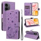 For Honor 400 Global 156.5mm Cat and Bee Embossed Flip Leather Phone Case(Purple) - 1