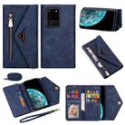 For Samsung Galaxy S20 Ultra Skin Feel Zipper Horizontal Flip Leather Case with Holder & Card Slots & Photo Frame & Lanyard & Long Rope(Blue) - 1