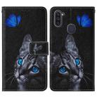 For Samsung Galaxy A11 / M11 Cross Texture Painting Pattern Horizontal Flip Leather Case with Holder & Card Slots & Wallet & Lanyard(Blue Butterfly Cat Eyes) - 2