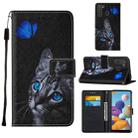 For Samsung Galaxy A21 Cross Texture Painting Pattern Horizontal Flip Leather Case with Holder & Card Slots & Wallet & Lanyard(Blue Butterfly Cat Eyes) - 1
