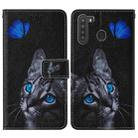 For Samsung Galaxy A21 Cross Texture Painting Pattern Horizontal Flip Leather Case with Holder & Card Slots & Wallet & Lanyard(Blue Butterfly Cat Eyes) - 2