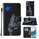 For Samsung Galaxy S20 Cross Texture Painting Pattern Horizontal Flip Leather Case with Holder & Card Slots & Wallet & Lanyard(Blue Butterfly Cat Eyes) - 1